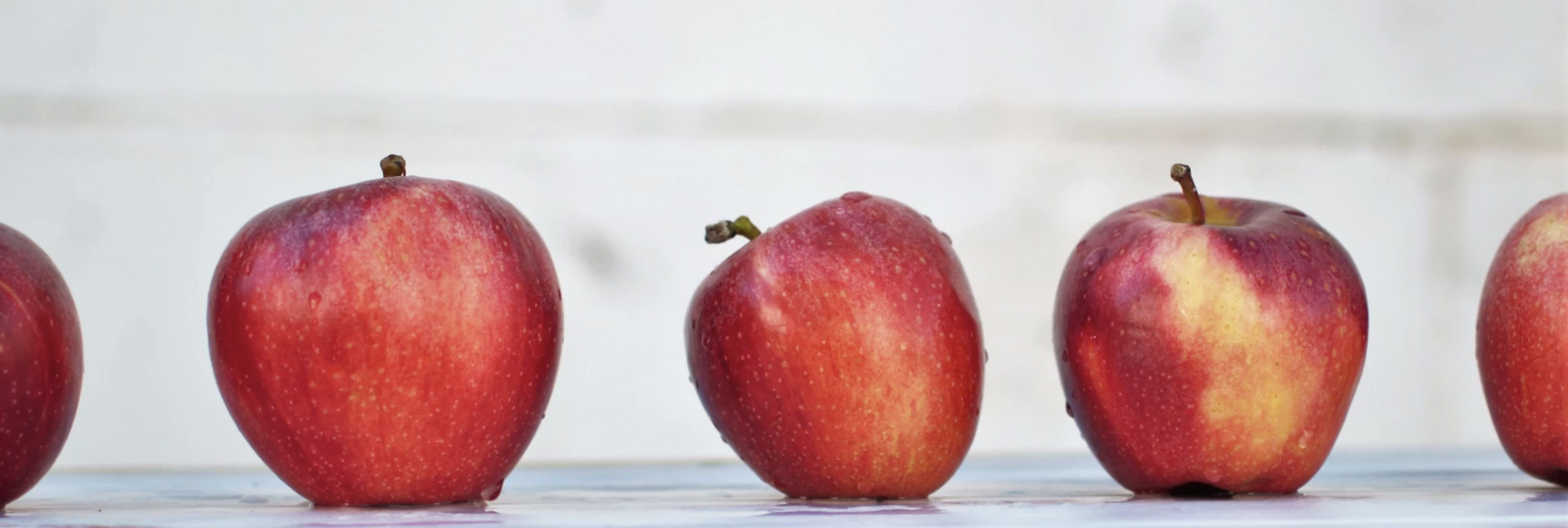 A row of apples that show their imperfection 